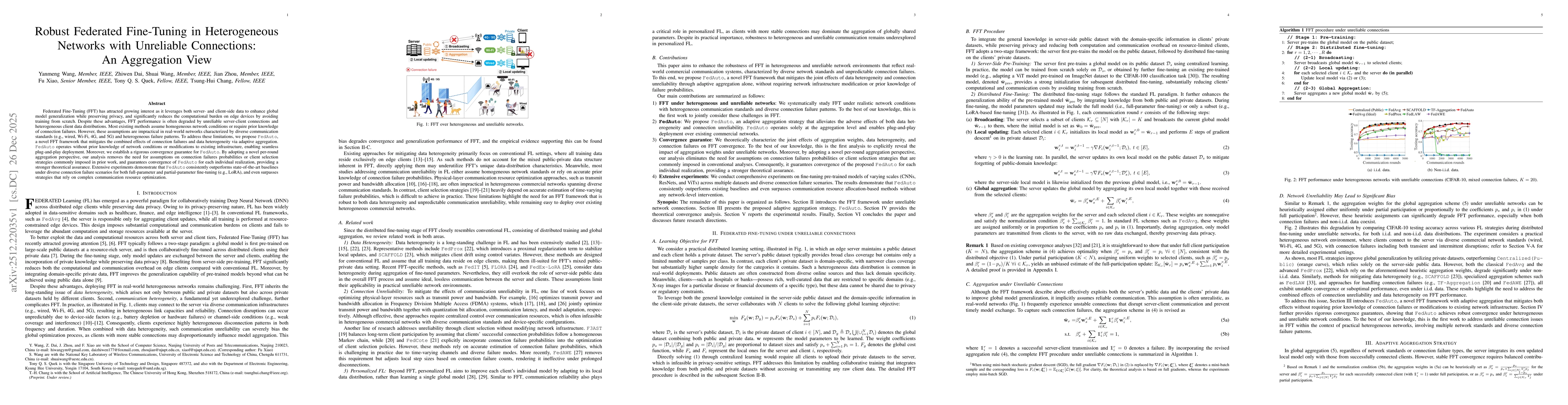 Thumbnail for Robust Federated Fine-Tuning in Heterogeneous Networks with Unreliable Connections: An Aggregation View
