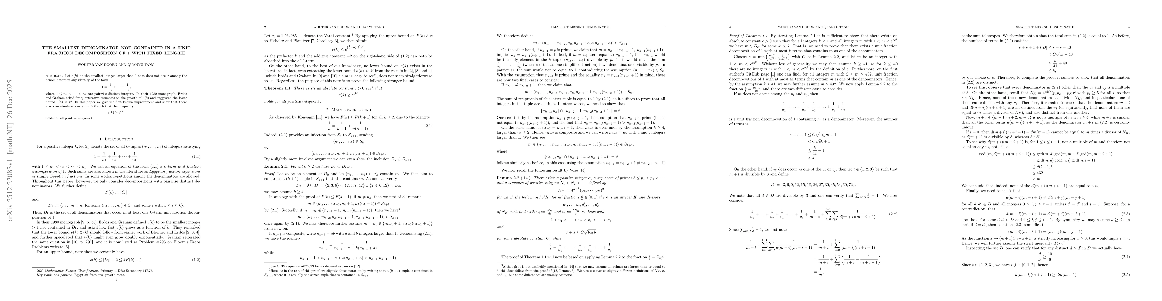 Thumbnail for The smallest denominator not contained in a unit fraction decomposition of $1$ with fixed length
