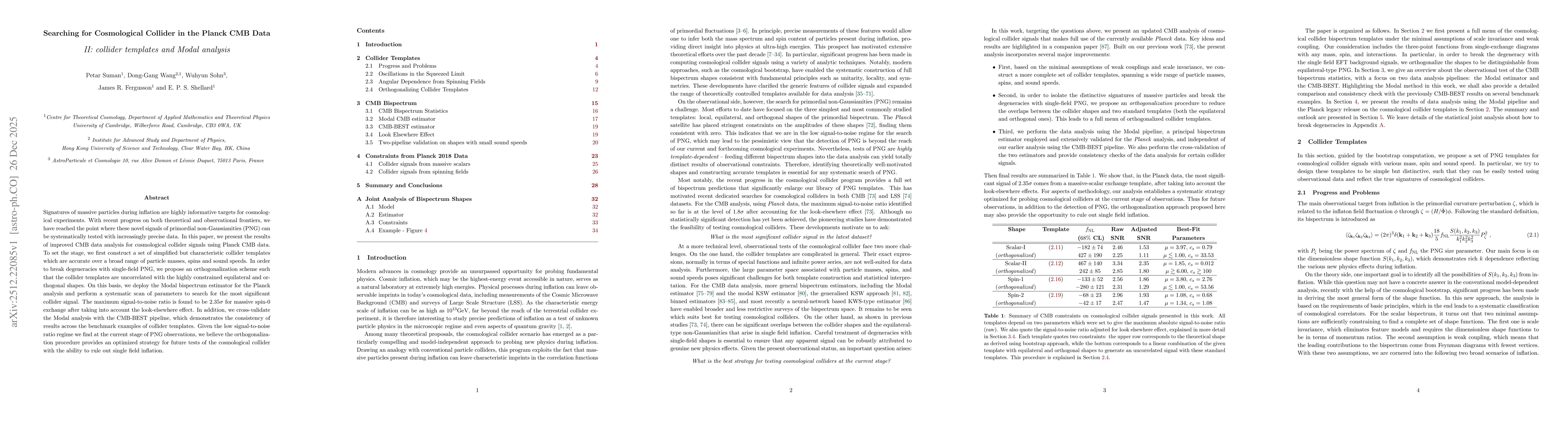 Thumbnail for Searching for Cosmological Collider in the Planck CMB Data II: collider templates and Modal analysis