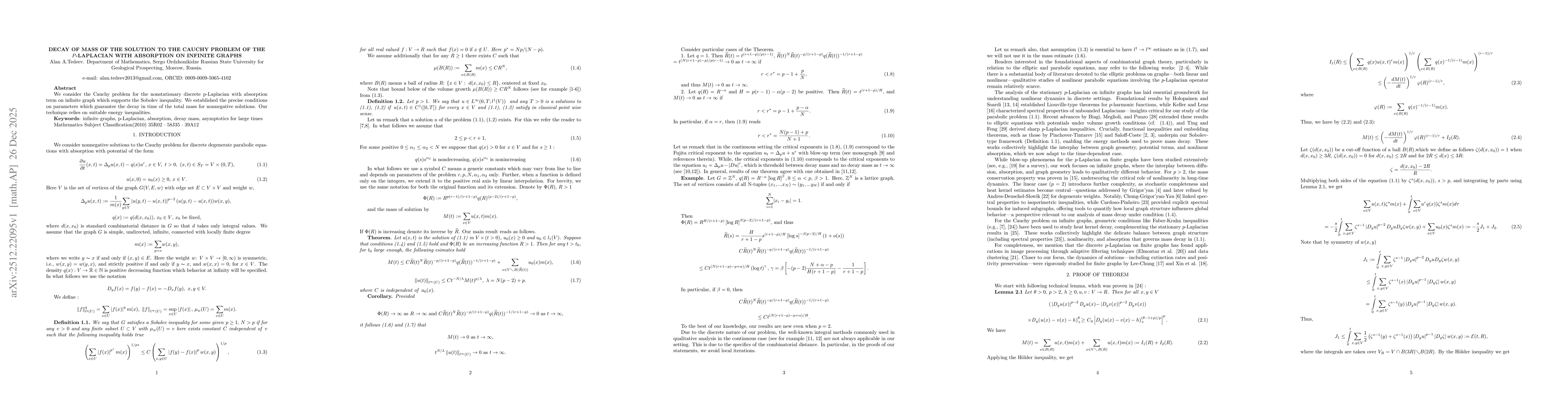 Thumbnail for Decay of Mass of the Solution to the Cauchy Problem of the p-Laplacian with Absorption on Infinite Graphs