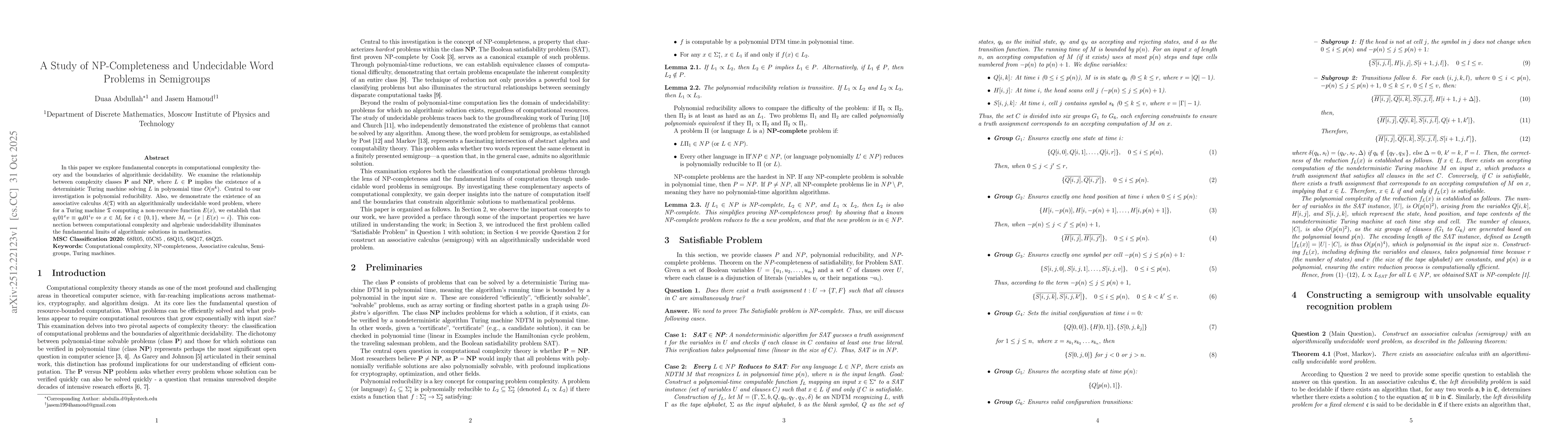 Thumbnail for A Study of NP-Completeness and Undecidable Word Problems in Semigroups
