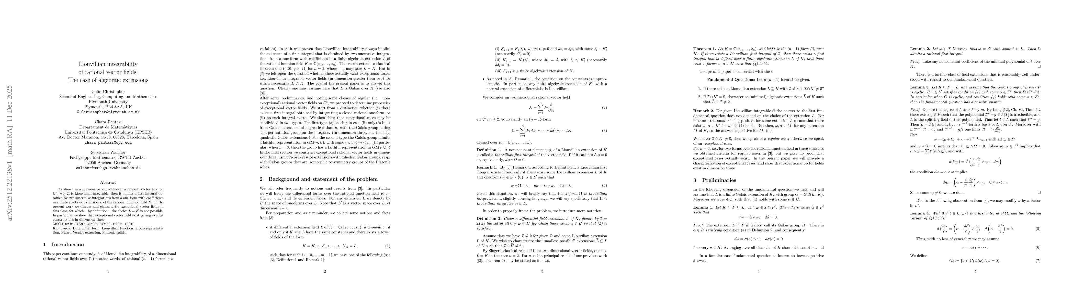 Thumbnail for Liouvillian integrability of rational vector fields: The case of algebraic extensions
