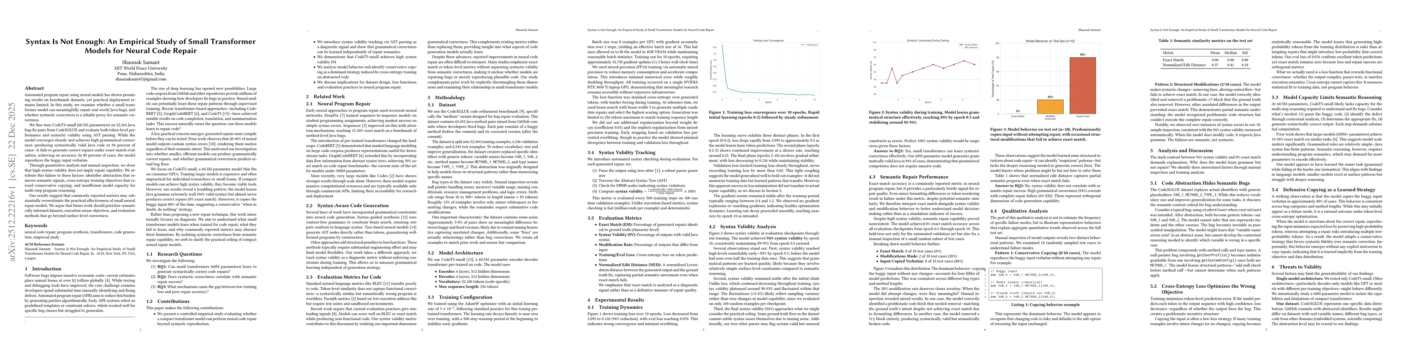 Thumbnail for Syntax Is Not Enough: An Empirical Study of Small Transformer Models for Neural Code Repair