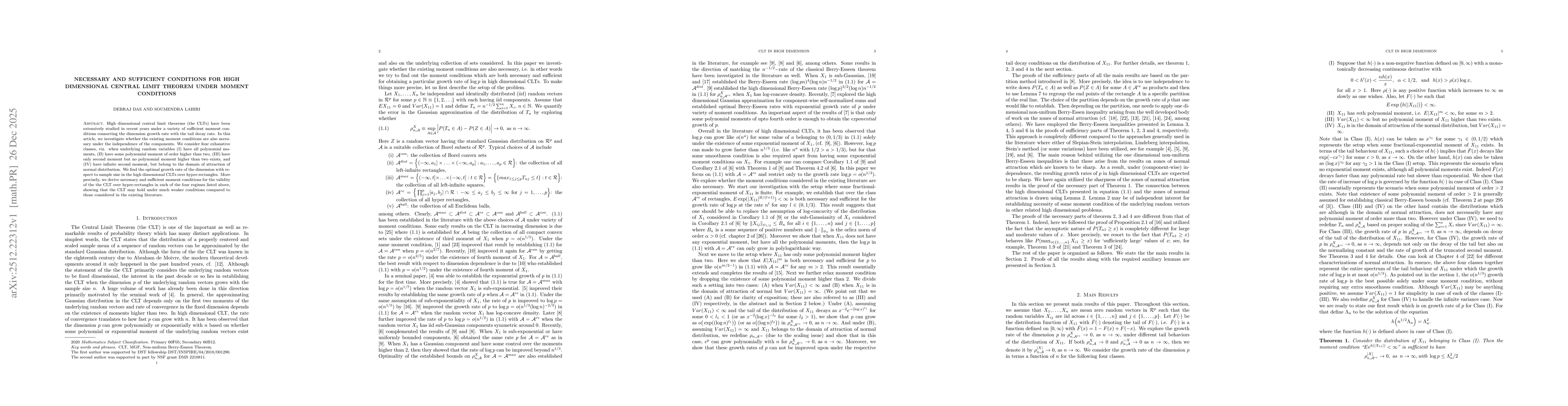 Thumbnail for Necessary and sufficient conditions for high dimensional Central Limit Theorem under moment conditions