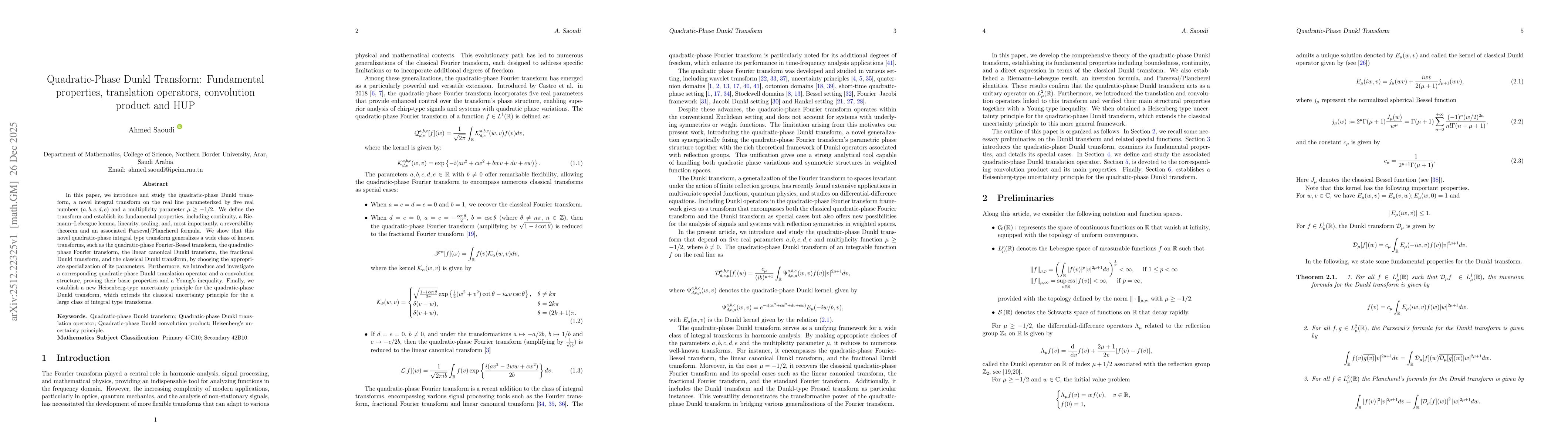 Thumbnail for Quadratic-Phase Dunkl Transform: Fundamental properties, translation operators, convolution product and HUP