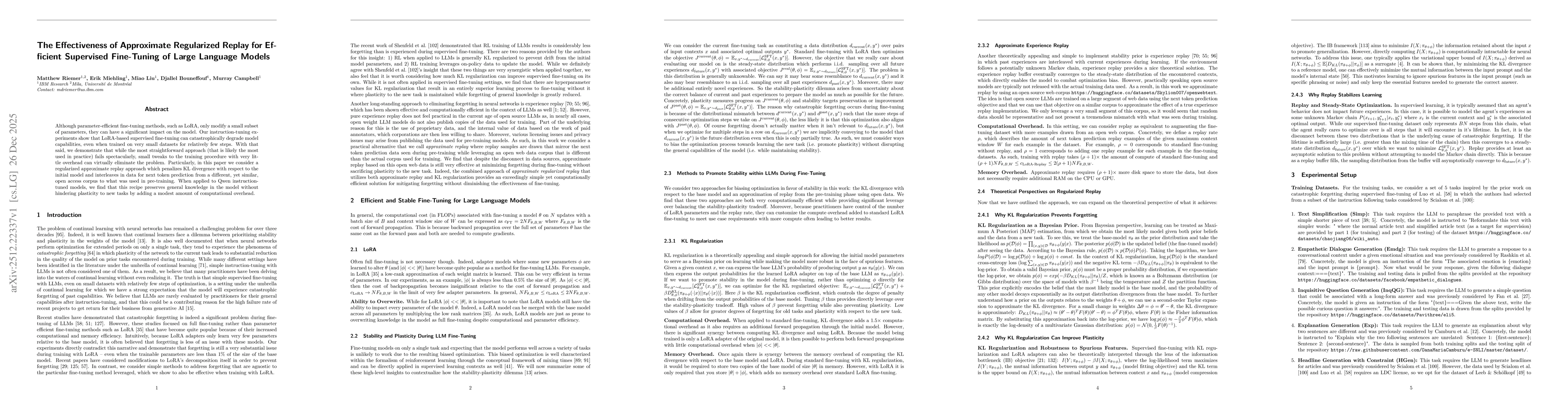 Thumbnail for The Effectiveness of Approximate Regularized Replay for Efficient Supervised Fine-Tuning of Large Language Models