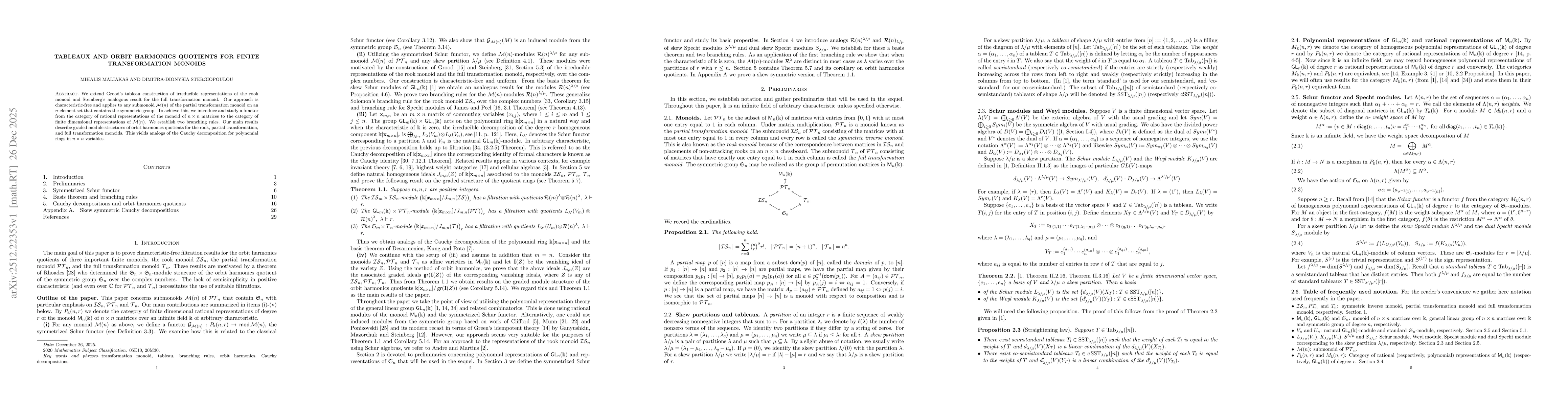 Thumbnail for Tableaux and orbit harmonics quotients for finite transformation monoids