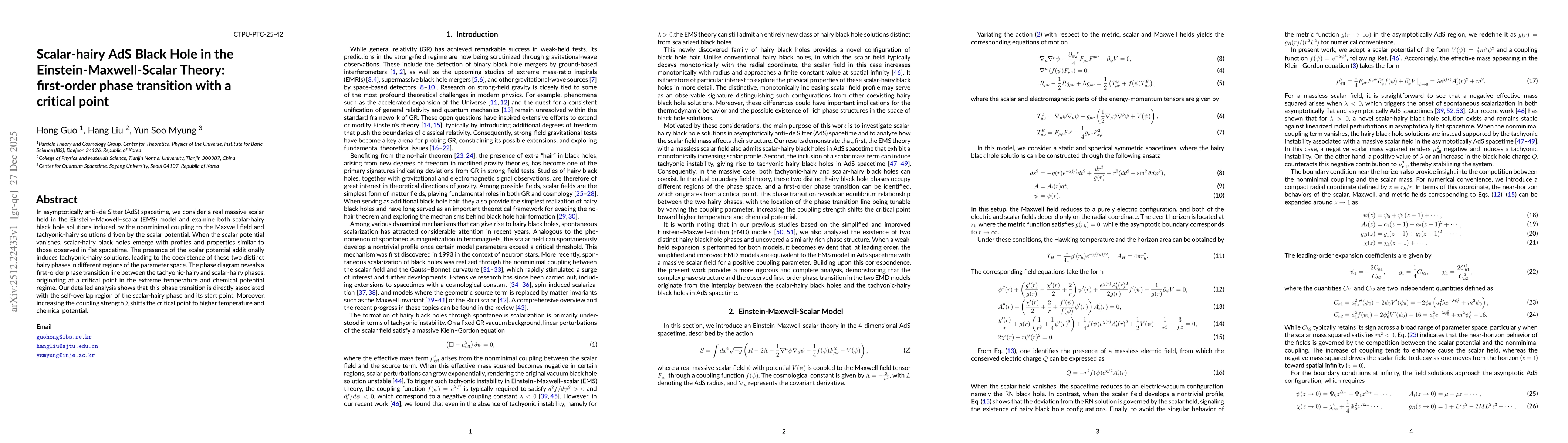Thumbnail for Scalar-hairy AdS Black Hole in the Einstein-Maxwell-Scalar Theory: first-order phase transition with a critical point