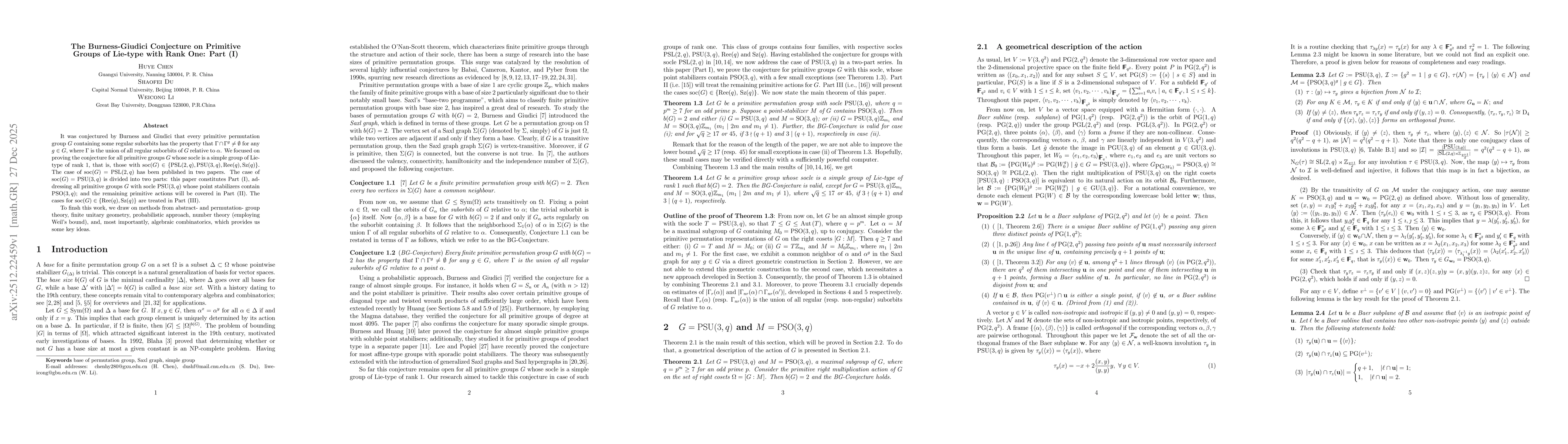 Thumbnail for The Burness-Giudici Conjecture on Primitive Groups of Lie-type with Rank One: Part (I)