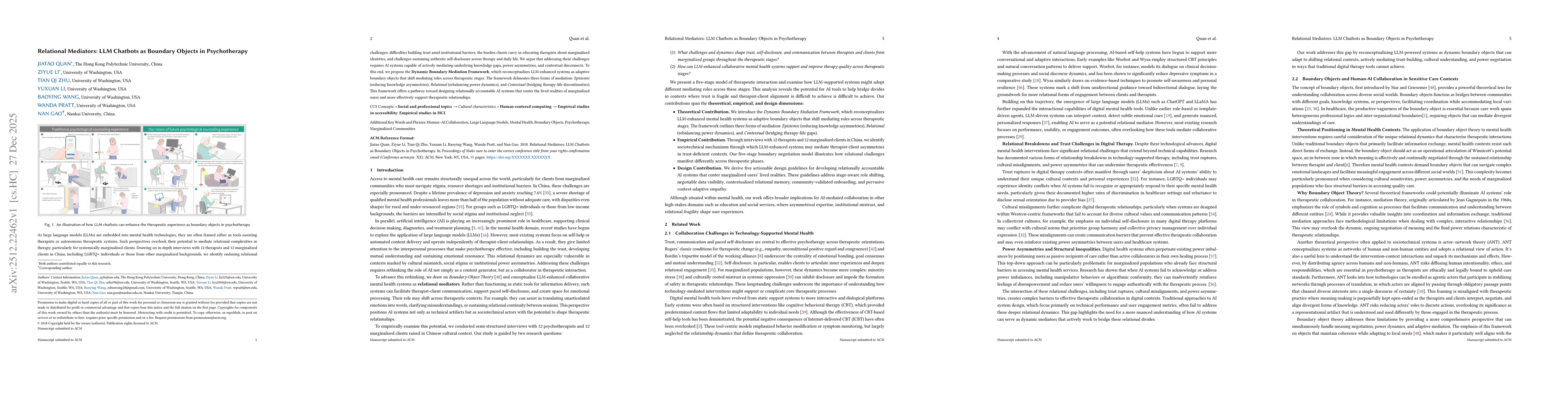Thumbnail for Relational Mediators: LLM Chatbots as Boundary Objects in Psychotherapy