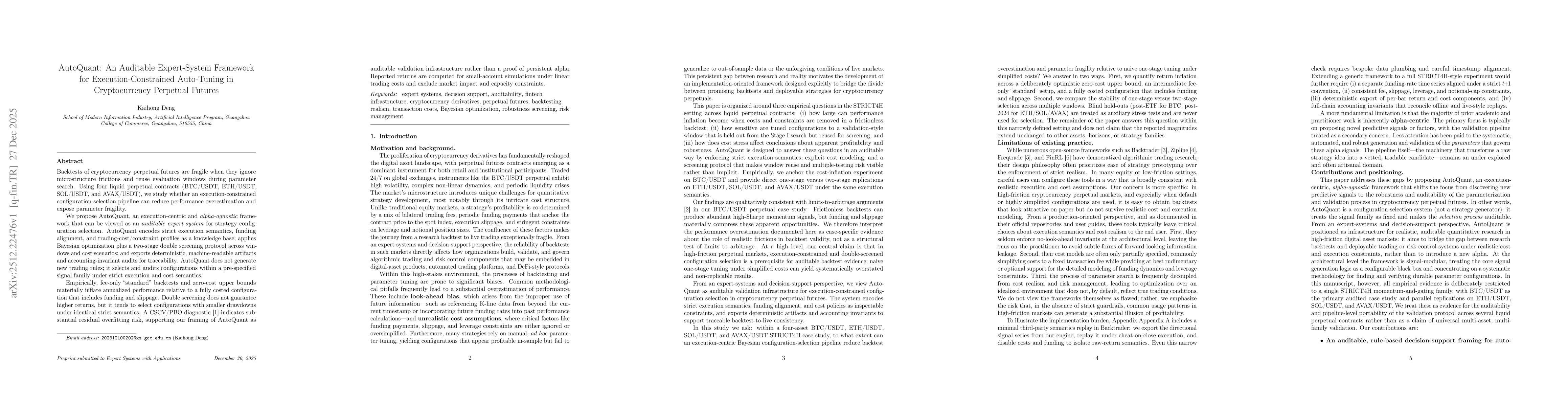 Thumbnail for AutoQuant: An Auditable Expert-System Framework for Execution-Constrained Auto-Tuning in Cryptocurrency Perpetual Futures