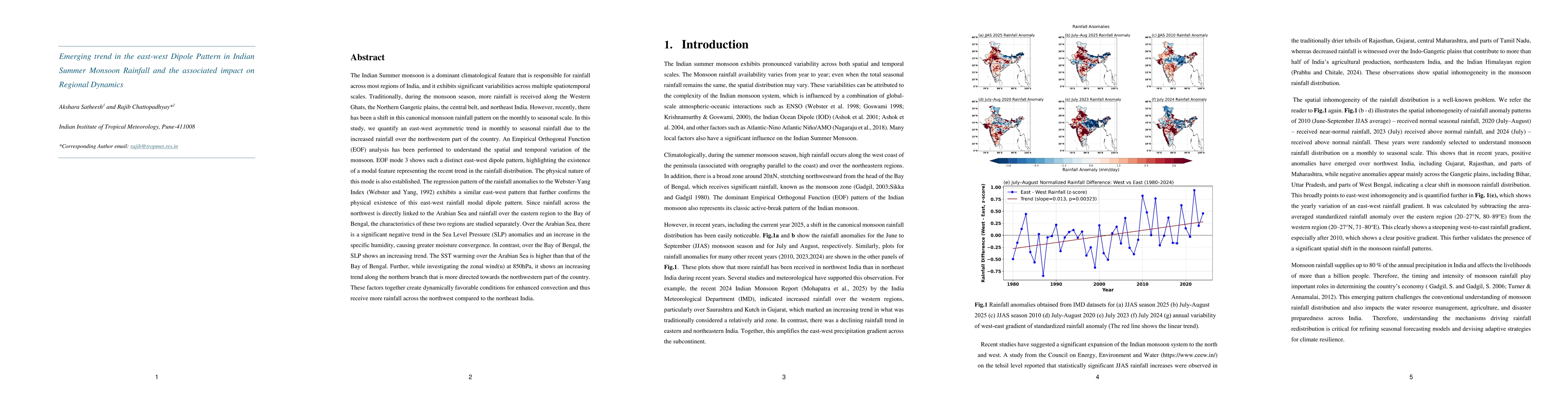 Thumbnail for Emerging trend in the east-west Dipole Pattern in Indian Summer Monsoon Rainfall and the associated impact on Regional Dynamics