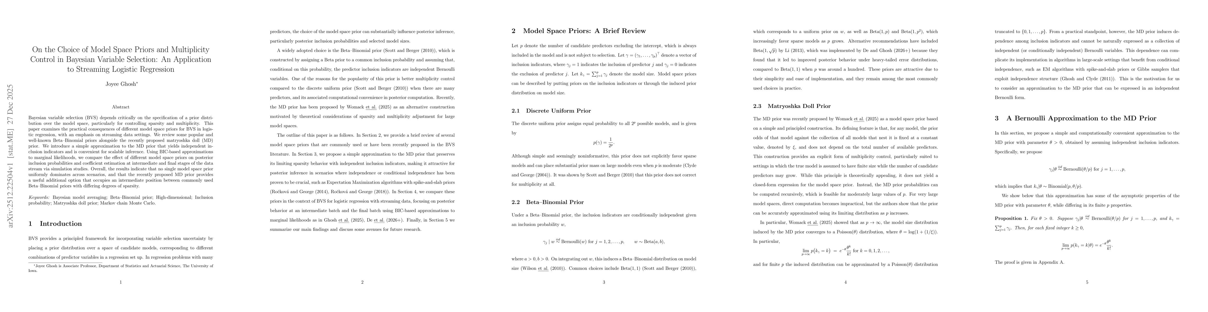 Thumbnail for On the Choice of Model Space Priors and Multiplicity Control in Bayesian Variable Selection: An Application to Streaming Logistic Regression