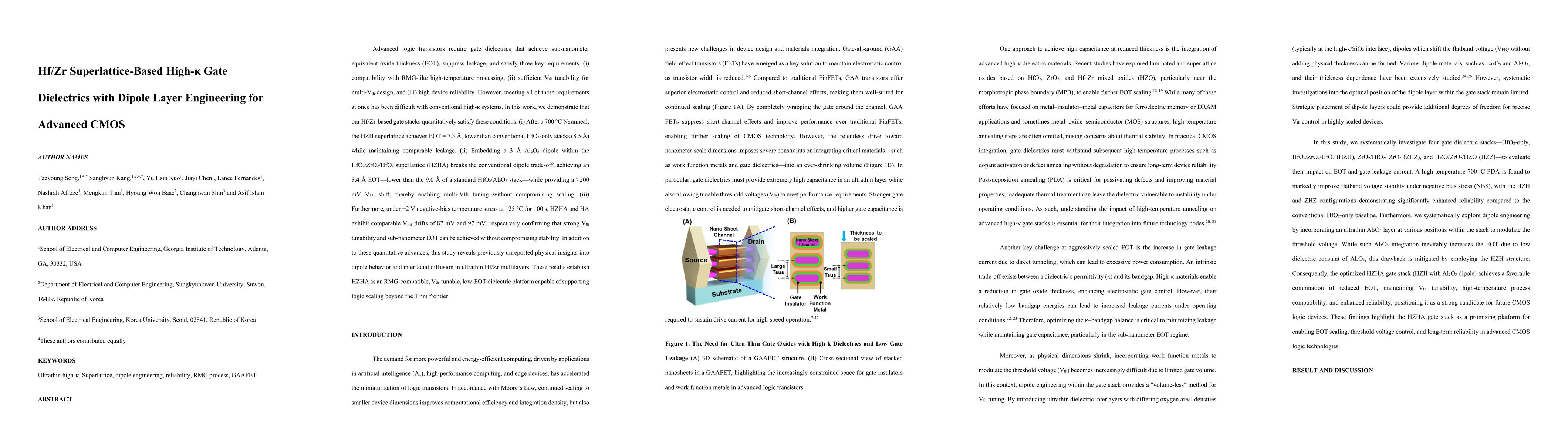 Thumbnail for Hf/Zr Superlattice-Based High-\k{appa} Gate Dielectrics with Dipole Layer Engineering for Advanced CMOS