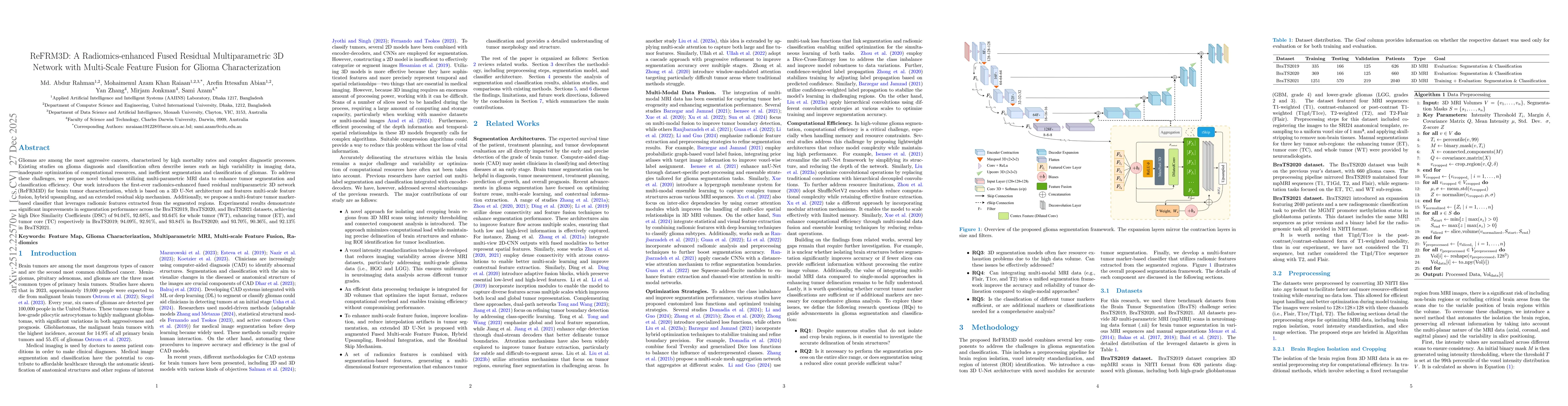 Thumbnail for ReFRM3D: A Radiomics-enhanced Fused Residual Multiparametric 3D Network with Multi-Scale Feature Fusion for Glioma Characterization