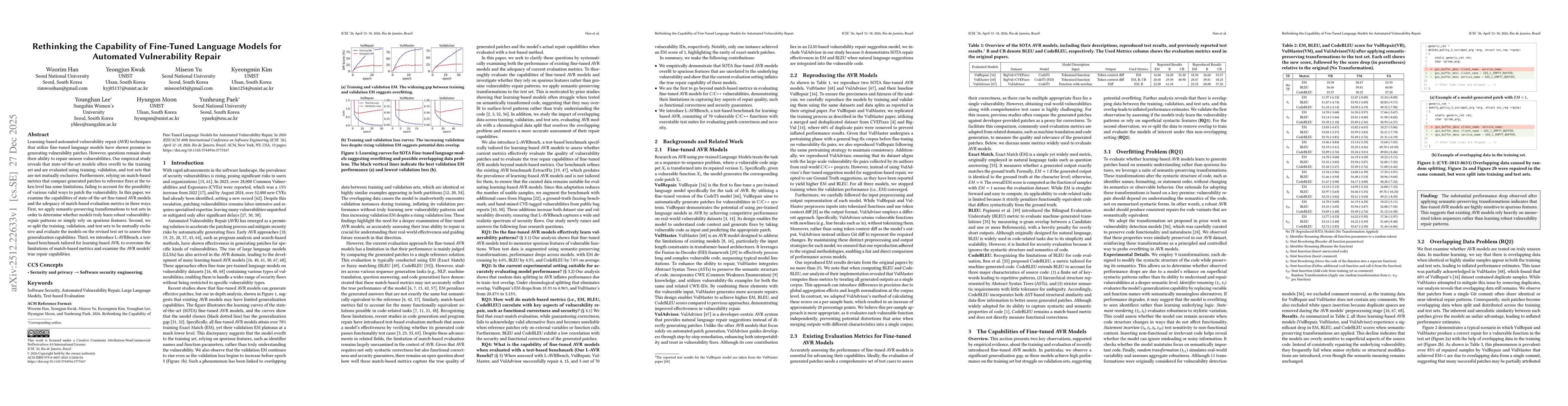 Thumbnail for Rethinking the Capability of Fine-Tuned Language Models for Automated Vulnerability Repair