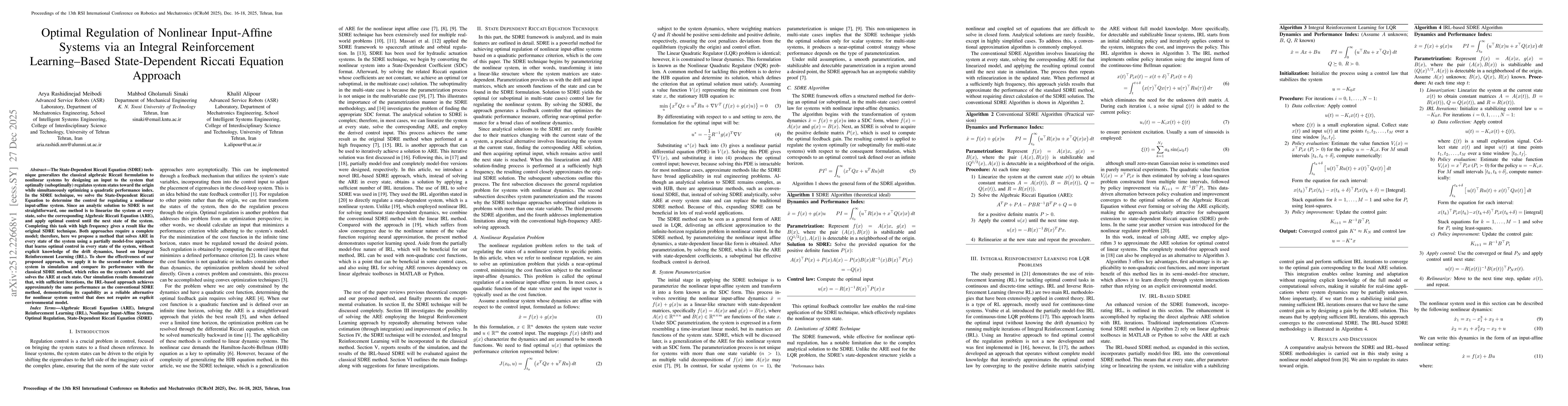 Thumbnail for Optimal Regulation of Nonlinear Input-Affine Systems via an Integral Reinforcement Learning-Based State-Dependent Riccati Equation Approach