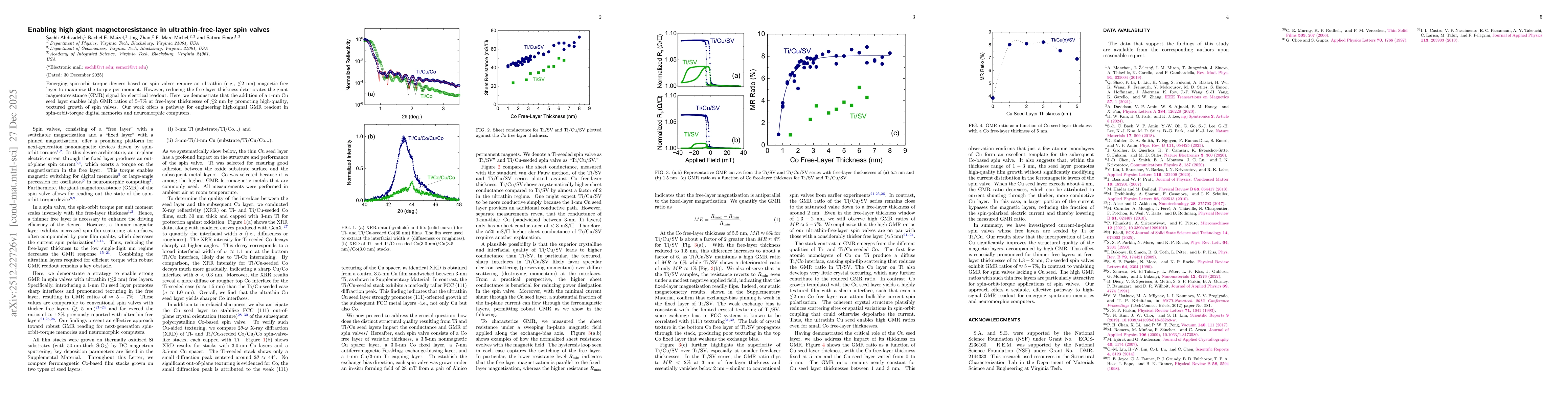Thumbnail for Enabling high giant magnetoresistance in ultrathin-free-layer spin valves