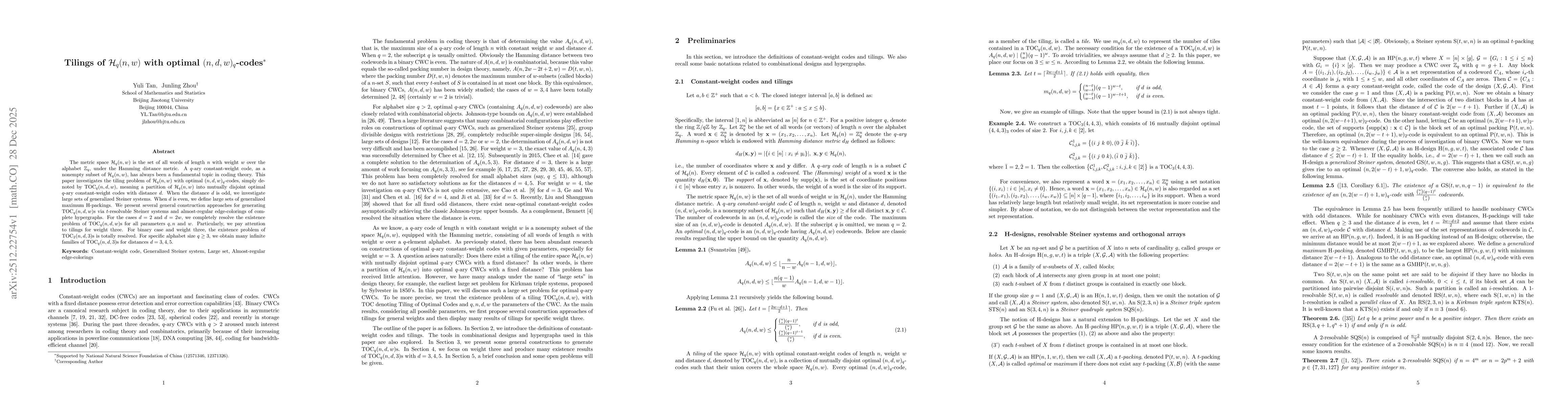 Thumbnail for Tilings of $\mathcal{H}_{q}(n,w)$ with optimal $(n,d,w)_{q}$-codes