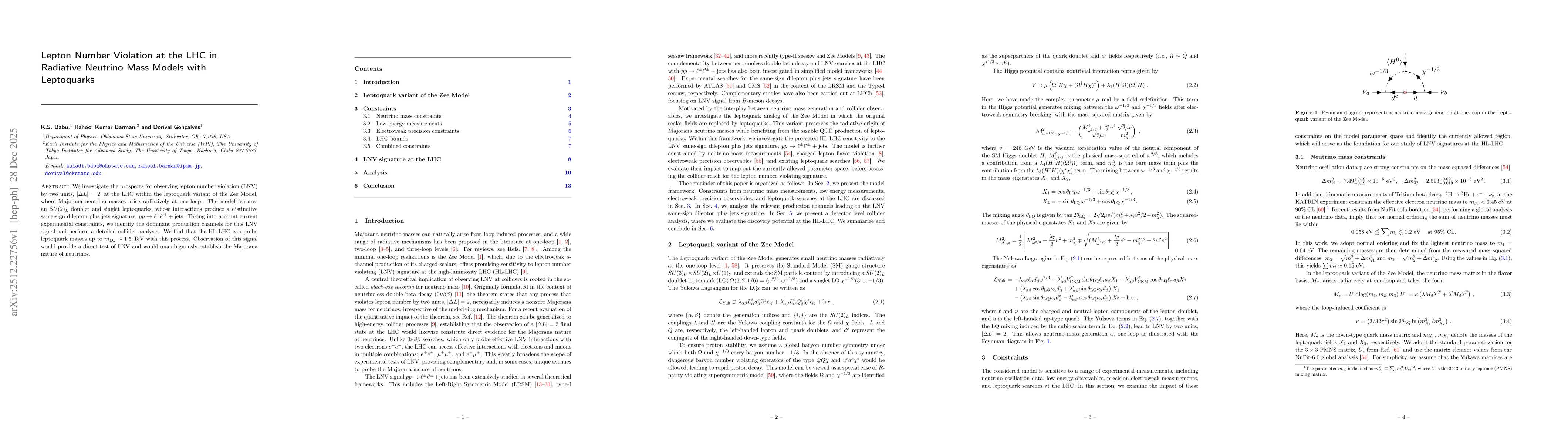 Thumbnail for Lepton Number Violation at the LHC in Radiative Neutrino Mass Models with Leptoquarks