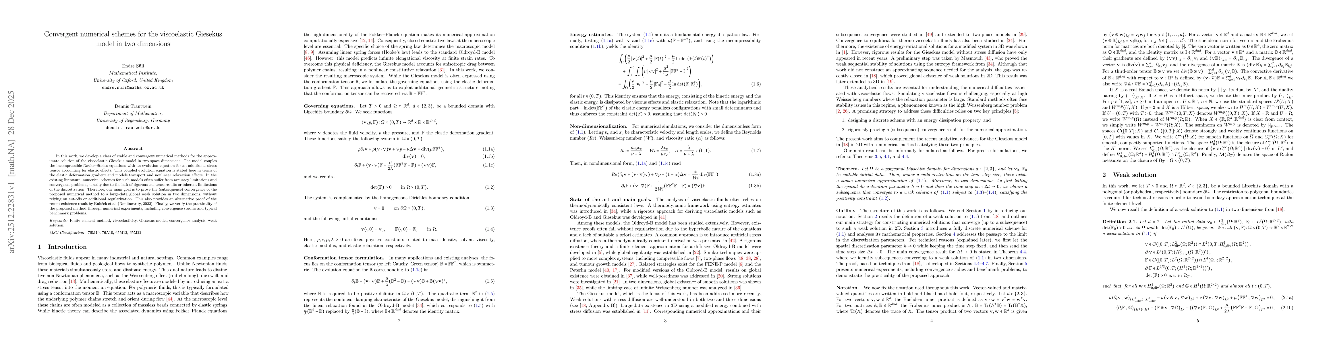 Thumbnail for Convergent numerical schemes for the viscoelastic Giesekus model in two dimensions