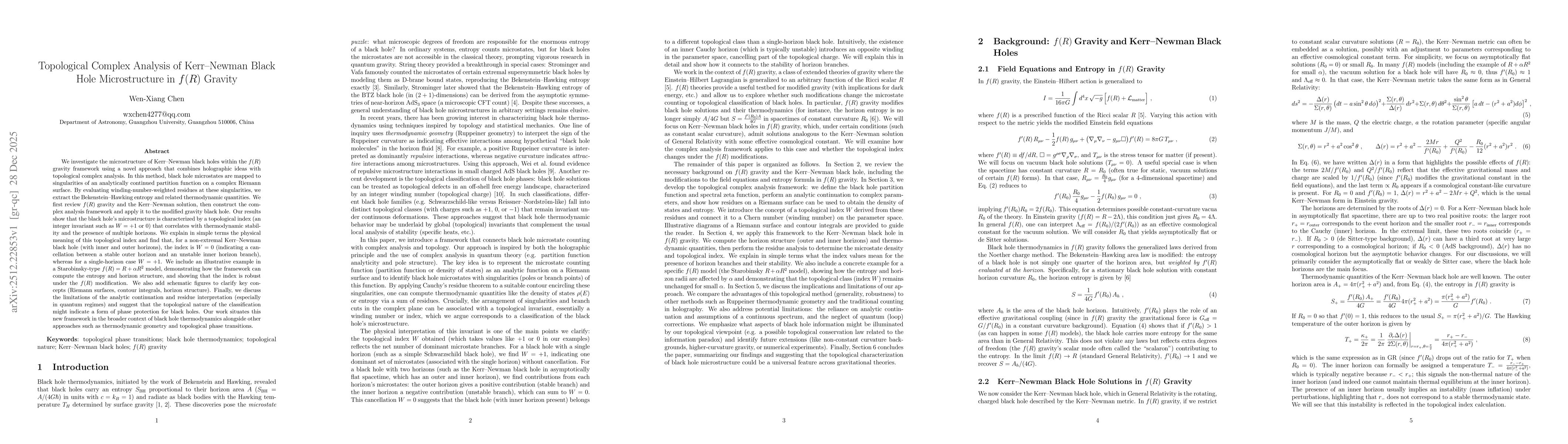 Thumbnail for Topological Complex Analysis of Kerr--Newman Black Hole Microstructure in f(R) Gravity