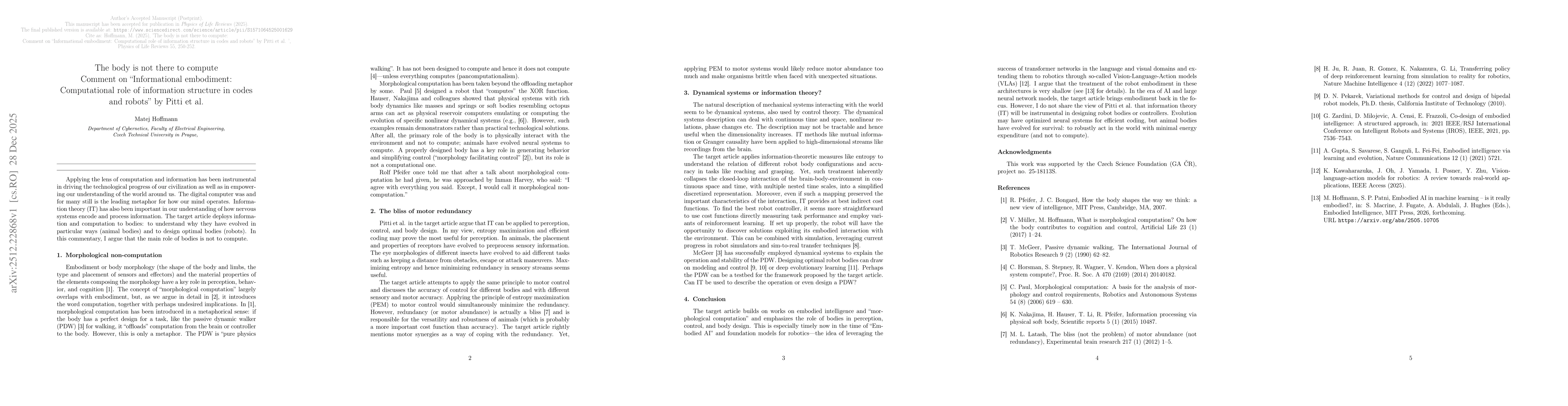 Thumbnail for The body is not there to compute: Comment on "Informational embodiment: Computational role of information structure in codes and robots" by Pitti et al
