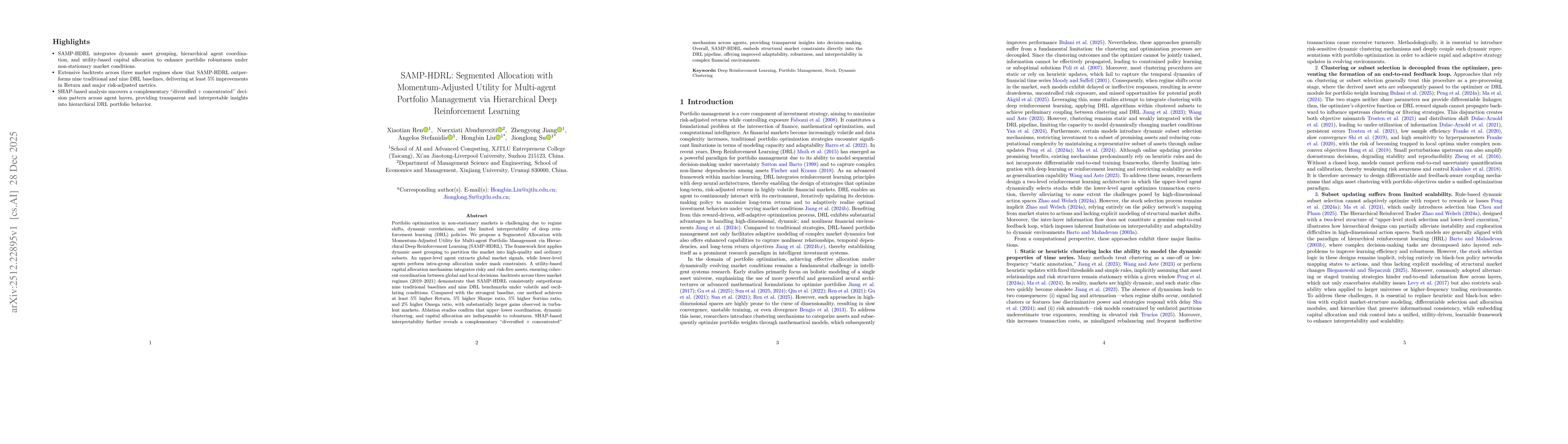 Thumbnail for SAMP-HDRL: Segmented Allocation with Momentum-Adjusted Utility for Multi-agent Portfolio Management via Hierarchical Deep Reinforcement Learning