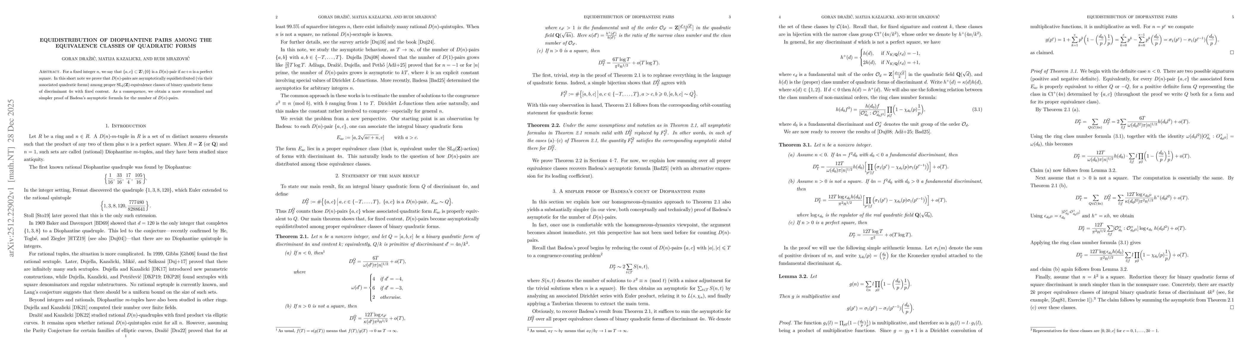 Thumbnail for Equidistribution of Diophantine pairs among the equivalence classes of quadratic forms