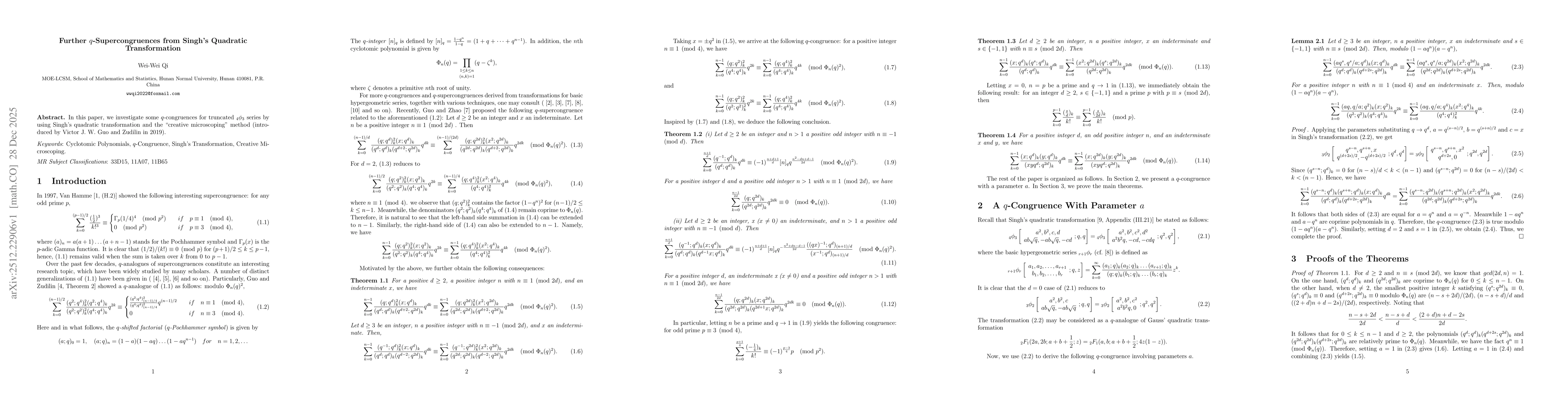 Thumbnail for Further q-Supercongruences from Singh's Quadratic Transformation