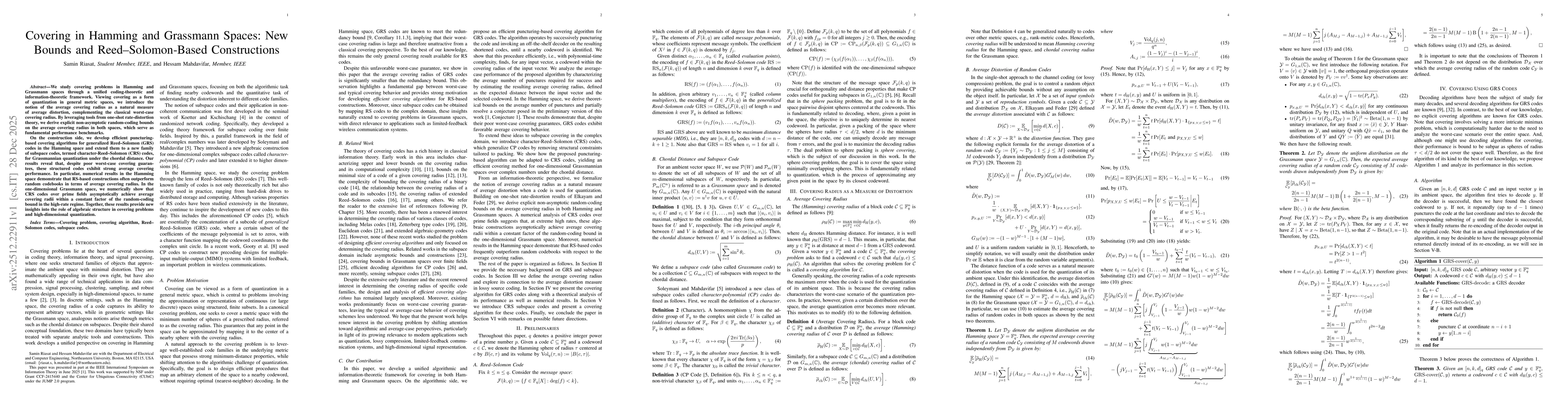 Thumbnail for Covering in Hamming and Grassmann Spaces: New Bounds and Reed--Solomon-Based Constructions
