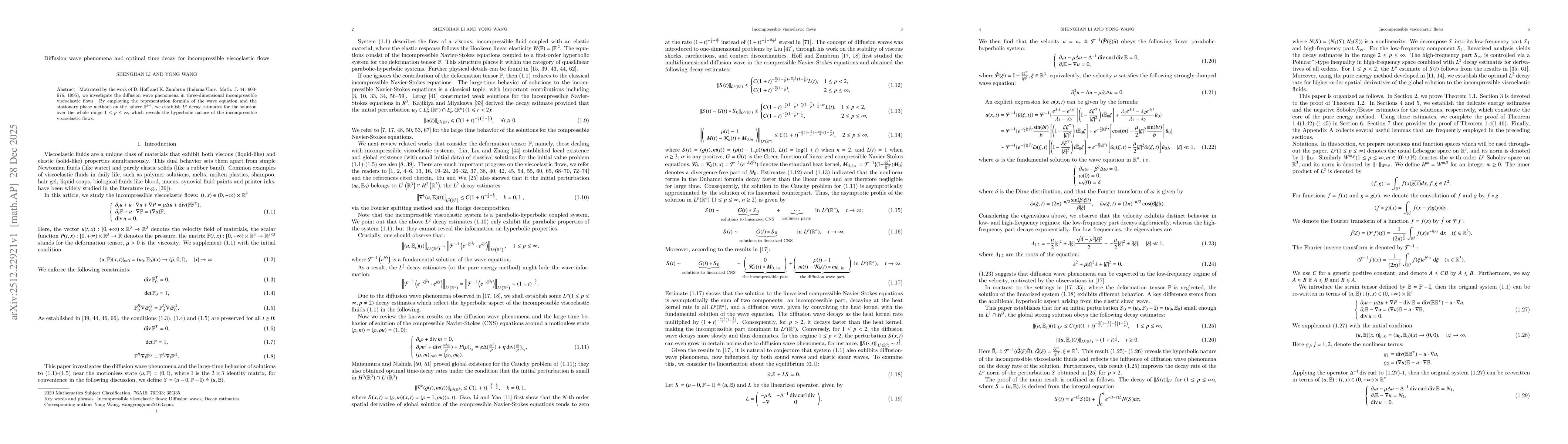 Thumbnail for Diffusion wave phenomena and optimal time decay for incompressible viscoelastic flows