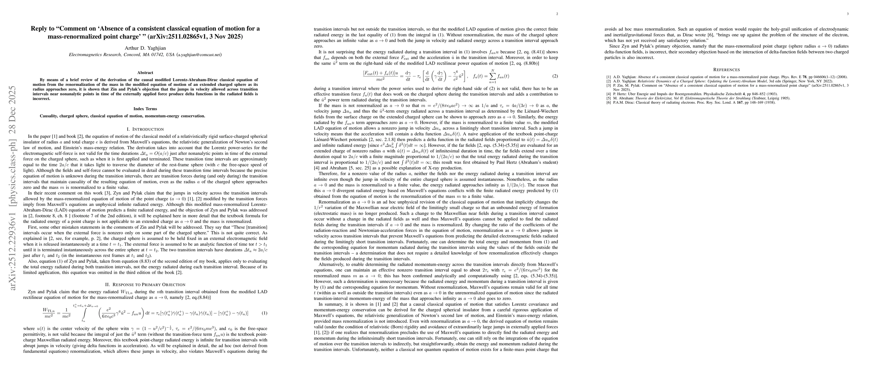 Thumbnail for Reply to "Comment on 'Absence of a consistent classical equation of motion for a mass-renormalized point charge'" (arXiv:2511.02865v1, 3 Nov 2025)