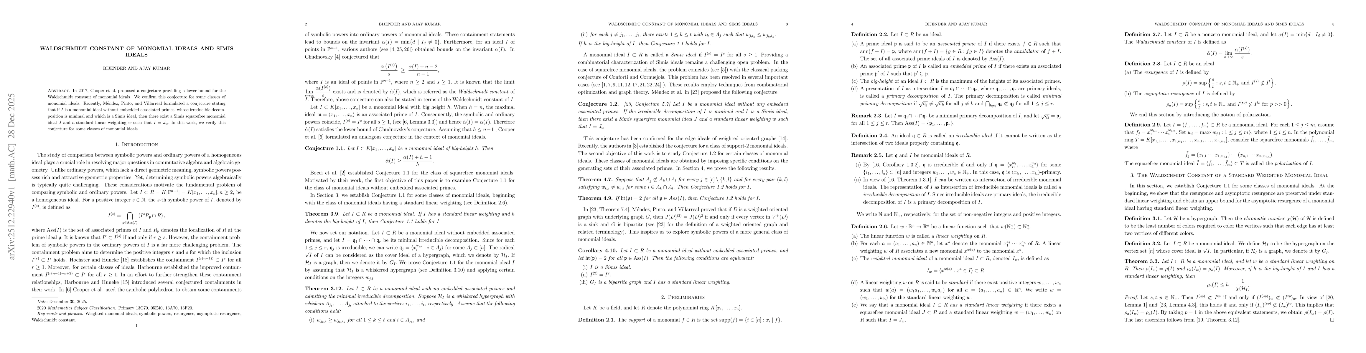 Thumbnail for Waldschmidt constant of monomial ideals and Simis ideals