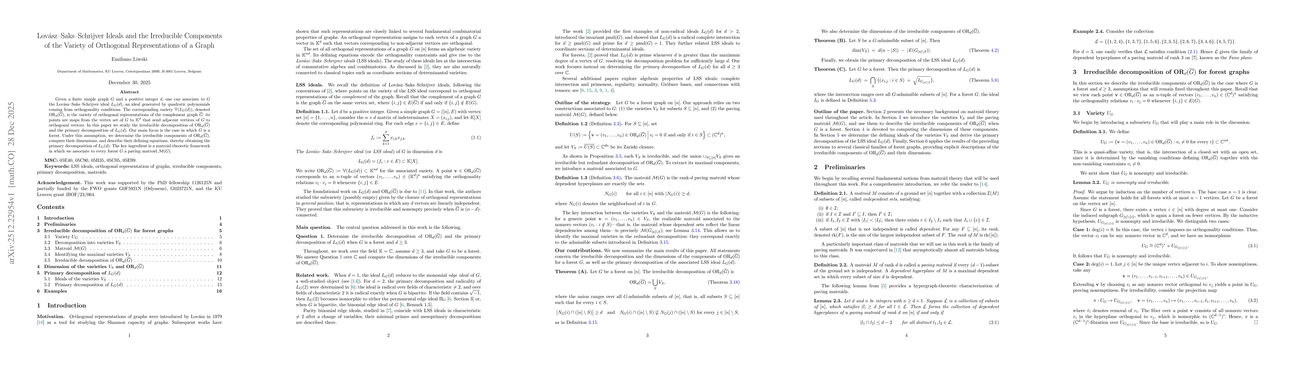 Thumbnail for Lovász--Saks--Schrijver Ideals and the Irreducible Components of the Variety of Orthogonal Representations of a Graph