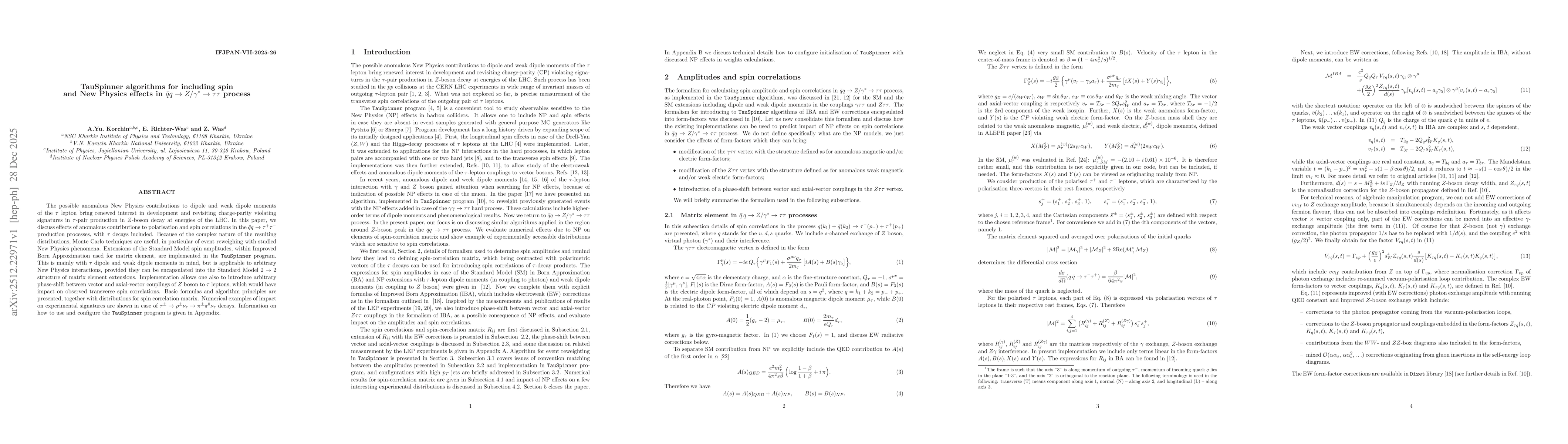 Thumbnail for TauSpinner algorithms for including spin and New Physics effects in $\bar q q \rightarrow Z/γ^* \to ττ$ process