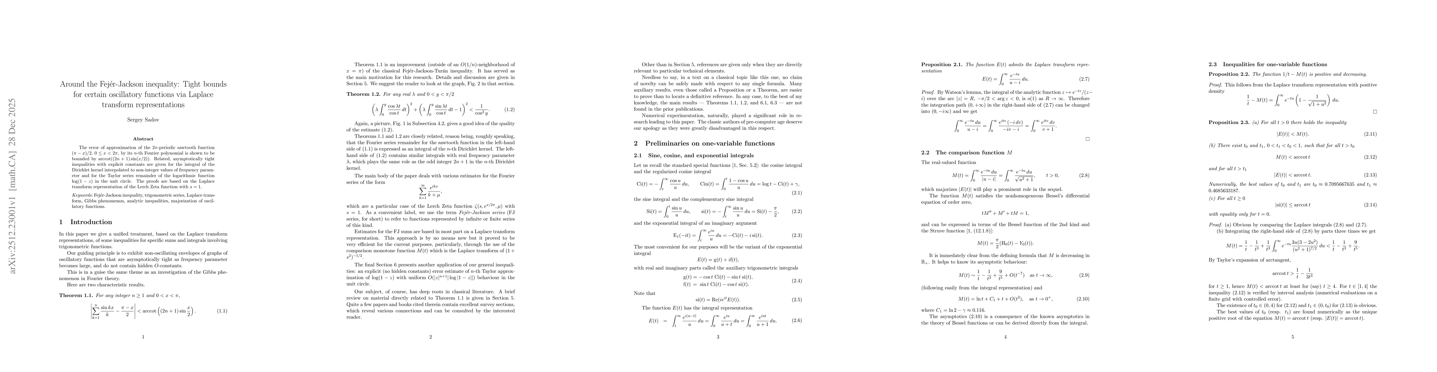 Thumbnail for Around the Fejér-Jackson inequality: Tight bounds for certain oscillatory functions via Laplace transform representations