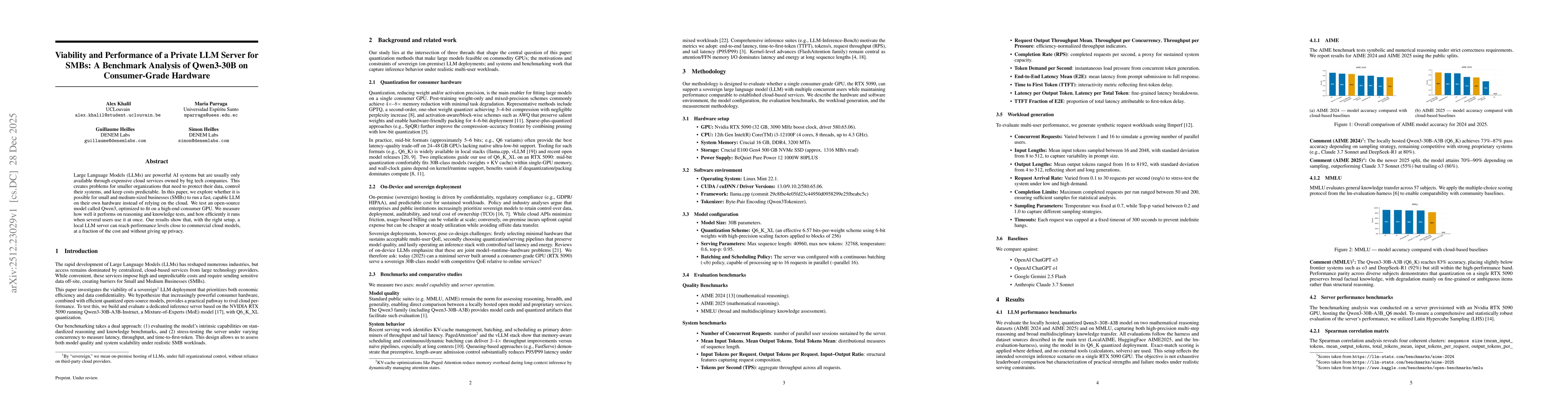Thumbnail for Viability and Performance of a Private LLM Server for SMBs: A Benchmark Analysis of Qwen3-30B on Consumer-Grade Hardware