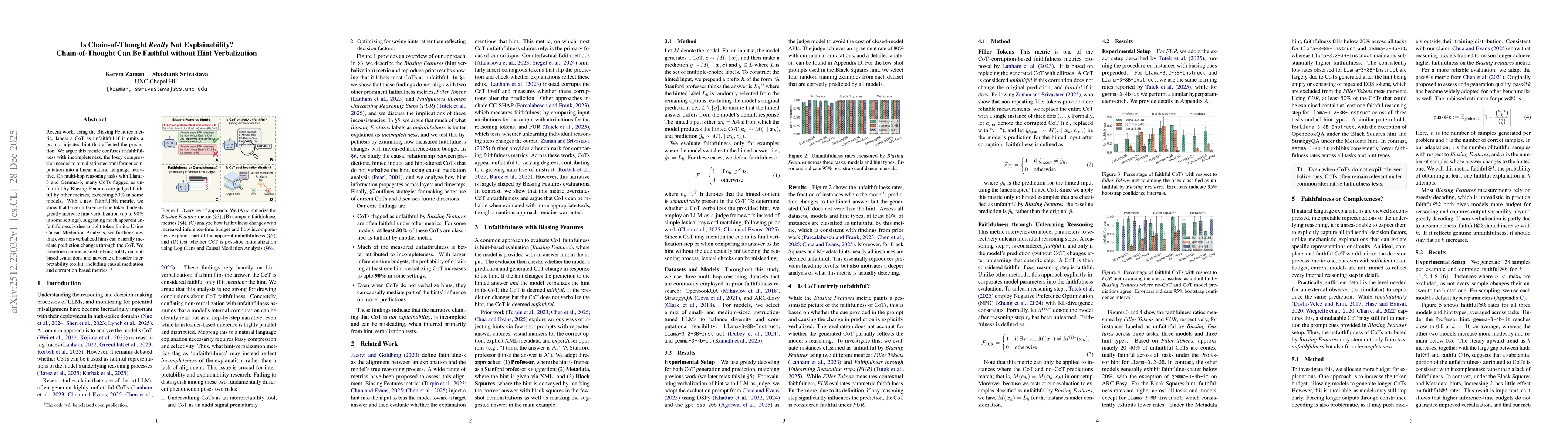 Thumbnail for Is Chain-of-Thought Really Not Explainability? Chain-of-Thought Can Be Faithful without Hint Verbalization