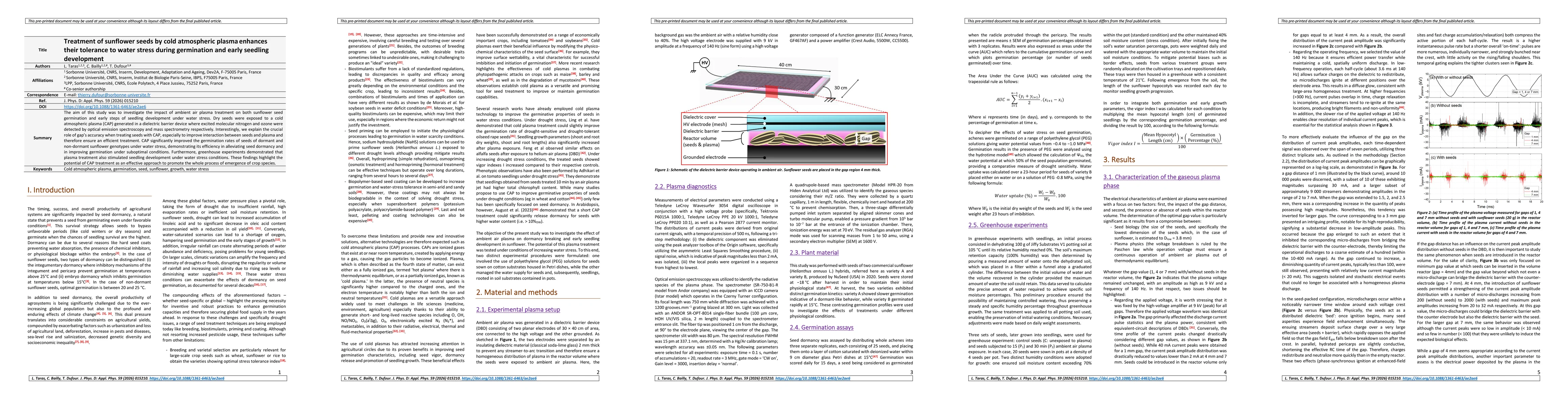 Thumbnail for Treatment of sunflower seeds by cold atmospheric plasma enhances their tolerance to water stress during germination and early seedling development
