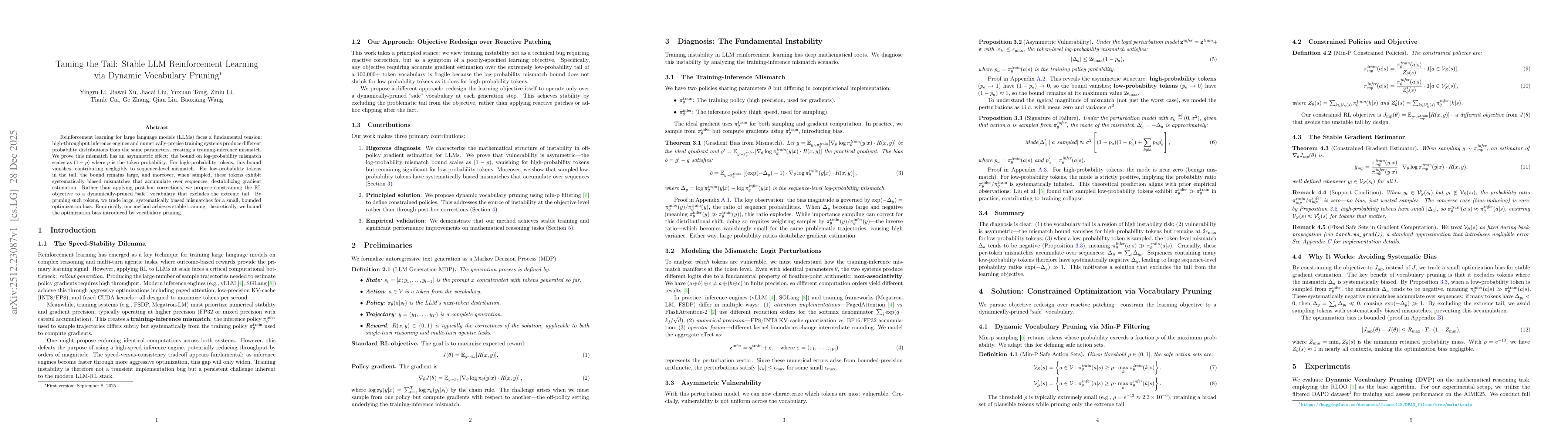 Thumbnail for Taming the Tail: Stable LLM Reinforcement Learning via Dynamic Vocabulary Pruning