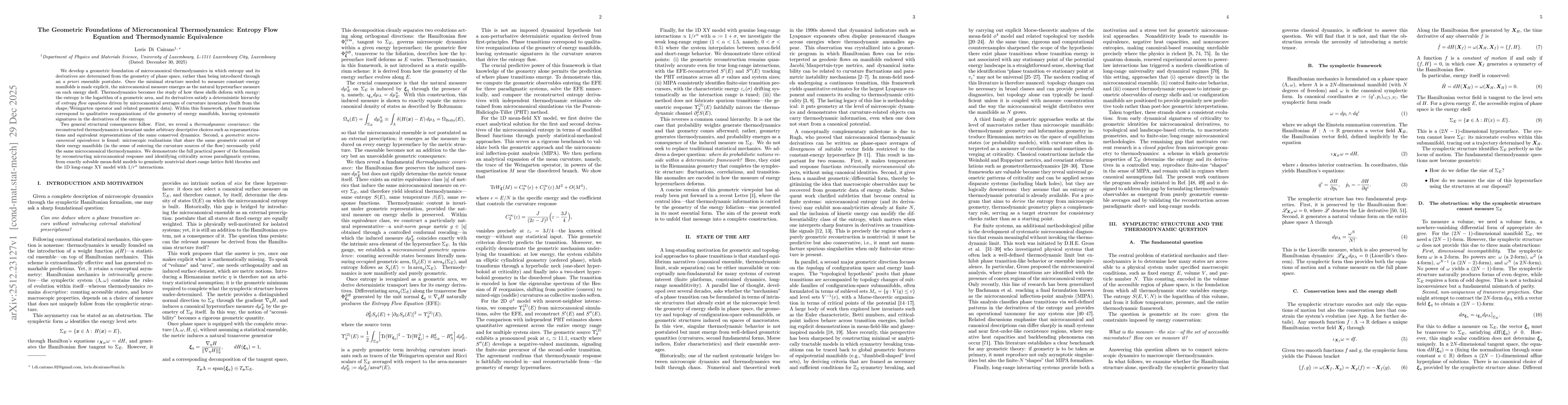 Thumbnail for The Geometric Foundations of Microcanonical Thermodynamics: Entropy Flow Equation and Thermodynamic Equivalence