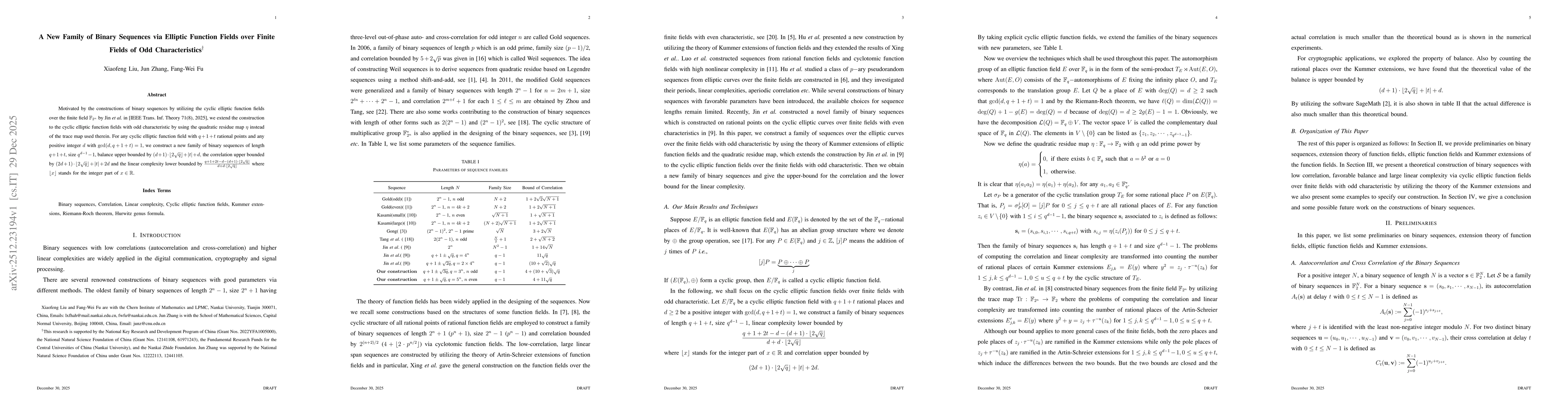 Thumbnail for A New Family of Binary Sequences via Elliptic Function Fields over Finite Fields of Odd Characteristics