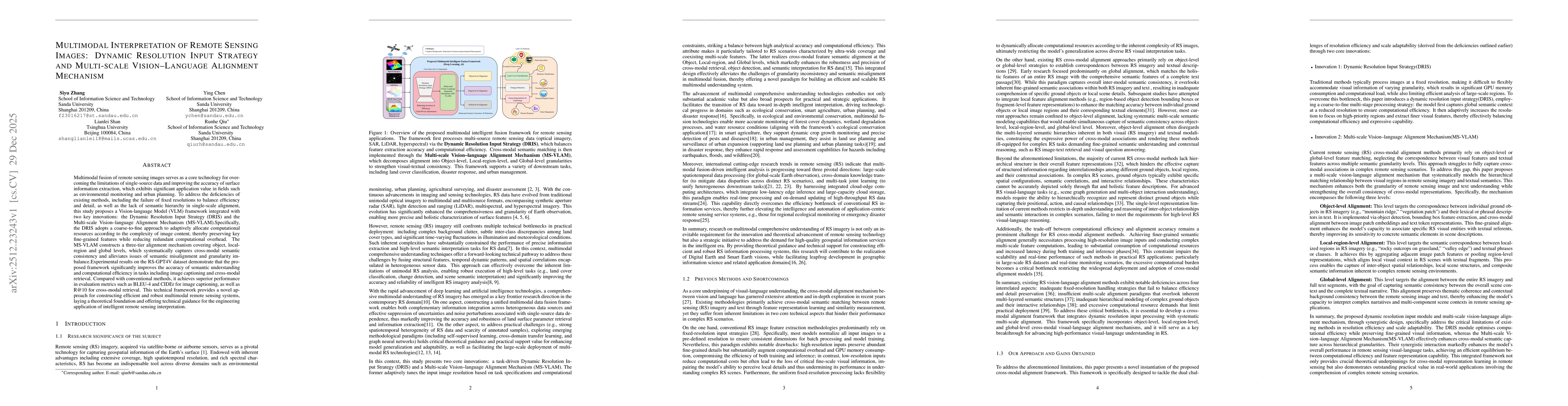 Thumbnail for Multimodal Interpretation of Remote Sensing Images: Dynamic Resolution Input Strategy and Multi-scale Vision-Language Alignment Mechanism