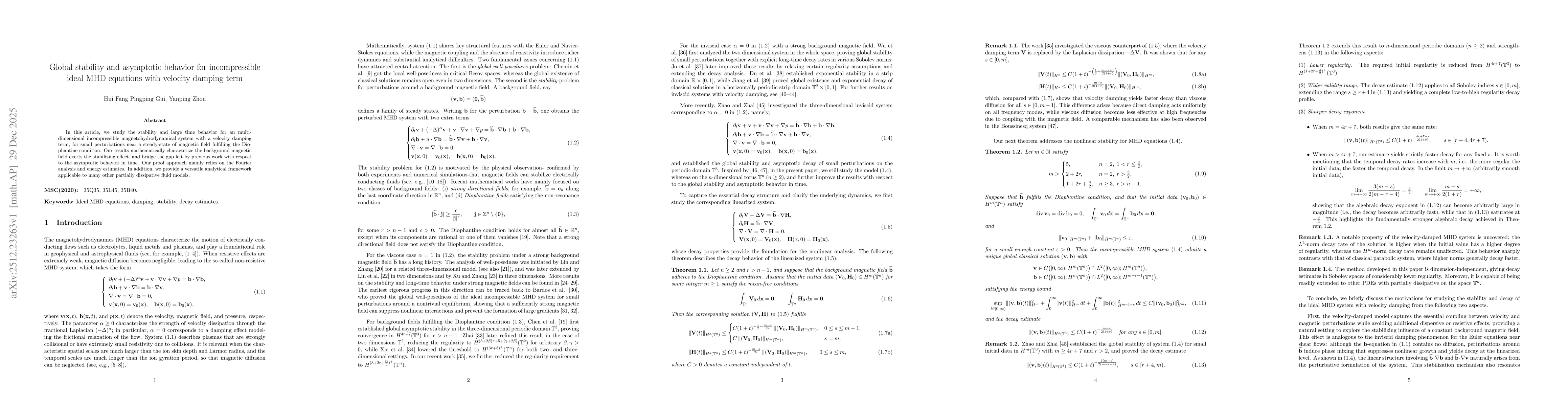 Thumbnail for Global stability and asymptotic behavior for incompressible ideal MHD equations with velocity damping term