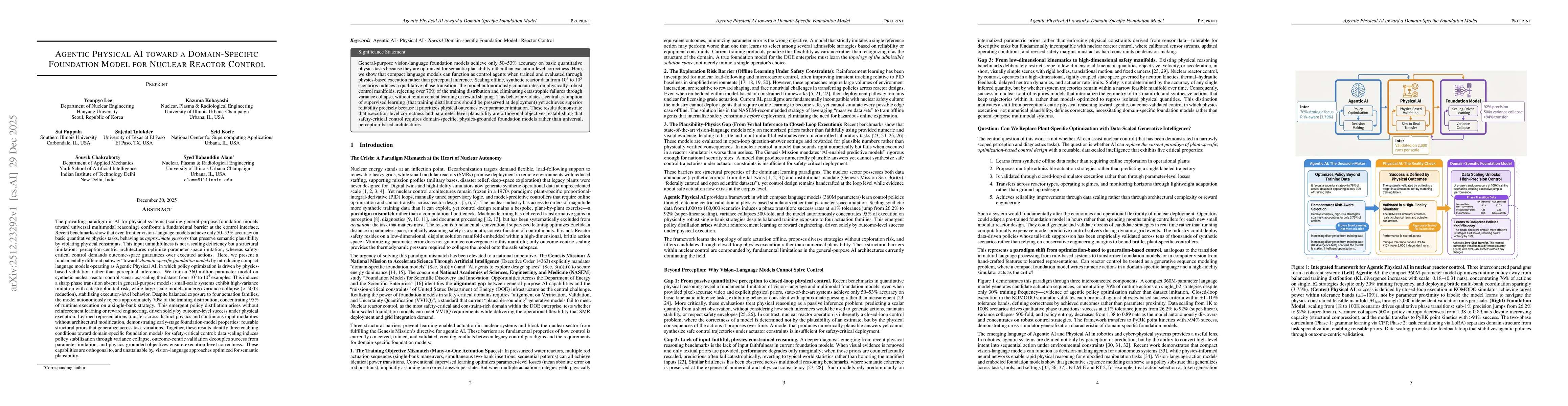 Thumbnail for Agentic Physical AI toward a Domain-Specific Foundation Model for Nuclear Reactor Control