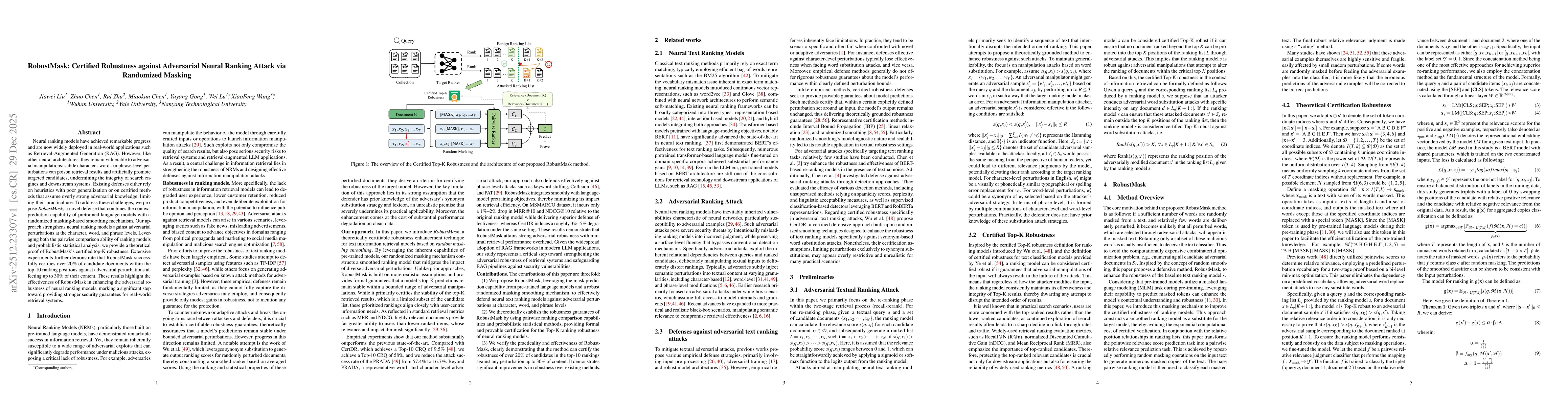 Thumbnail for RobustMask: Certified Robustness against Adversarial Neural Ranking Attack via Randomized Masking