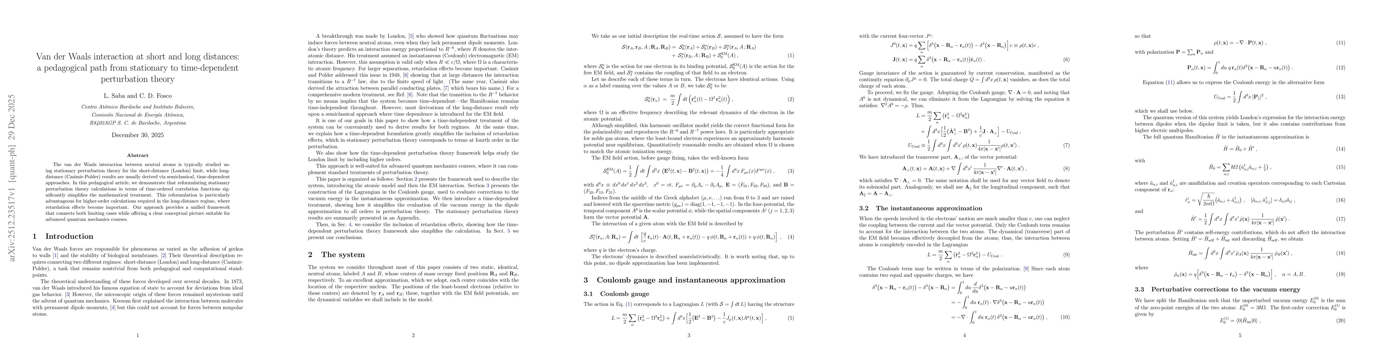 Thumbnail for Van der Waals interaction at short and long distances: a pedagogical path from stationary to time-dependent perturbation theory