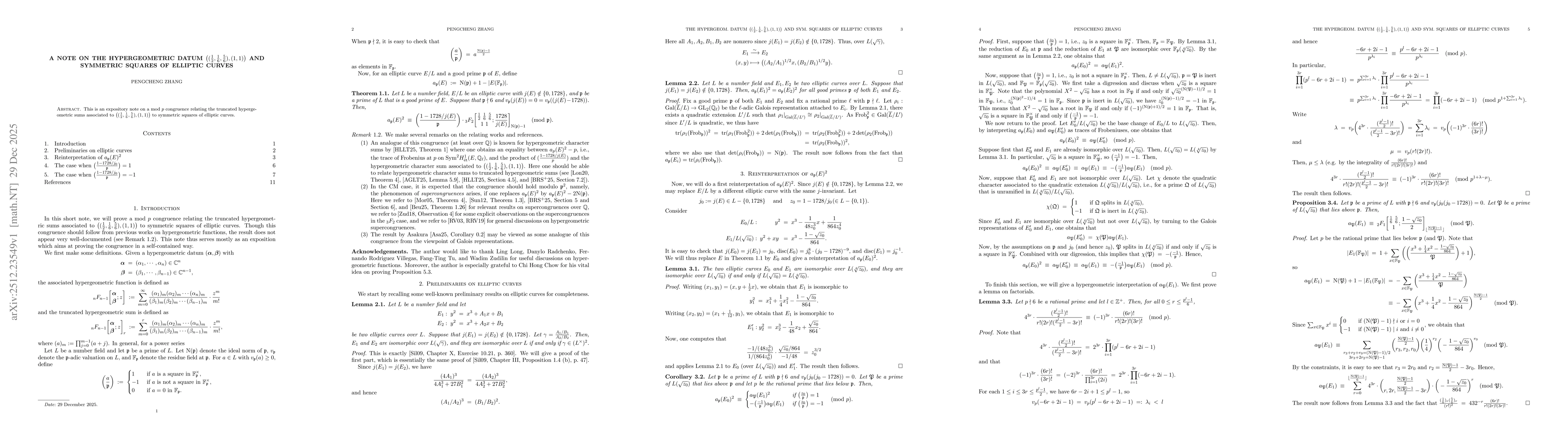 Thumbnail for A note on the hypergeometric datum $\big((\frac{1}{2},\frac{1}{6},\frac{5}{6}),(1,1)\big)$ and symmetric squares of elliptic curves