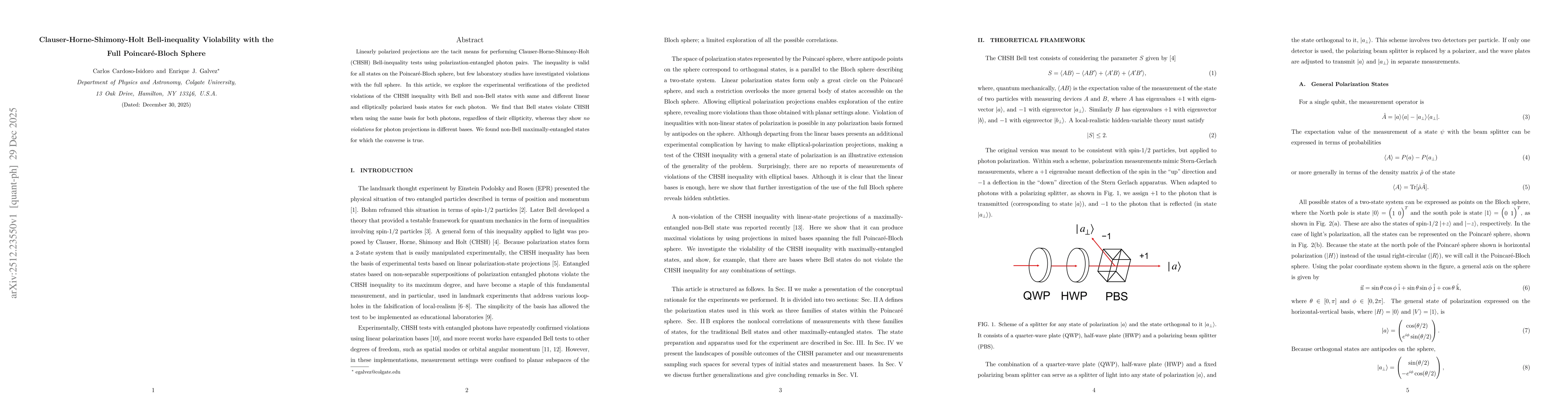 Thumbnail for Clauser-Horne-Shimony-Holt Bell-inequality Violability with the Full Poincaré-Bloch Sphere